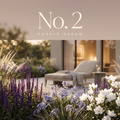 Cover No. 2 Purple Dream: Staudenbeet in Violett, Weiß und Grün im Abendlicht vor einer modernen Terrasse