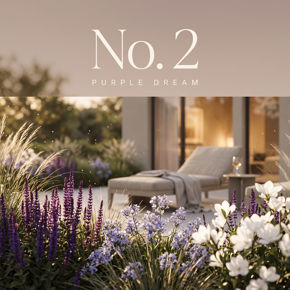 Cover No. 2 Purple Dream: Staudenbeet in Violett, Weiß und Grün im Abendlicht vor einer modernen Terrasse